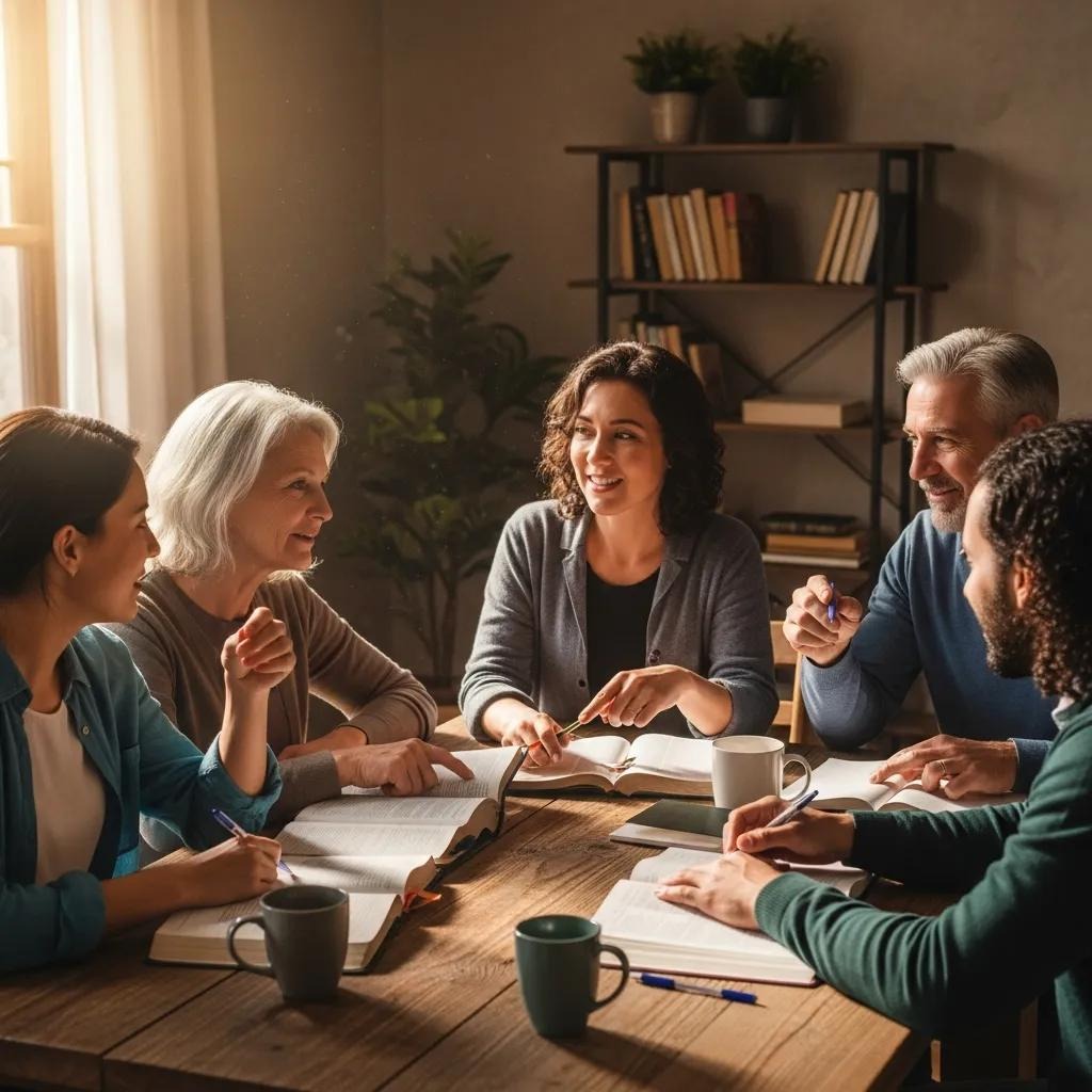 Five adults sit around a wooden table, engaged in a lively discussion with notebooks, pens, and coffee mugs. Sunlight streams through a window, and bookshelves and plants decorate the background.