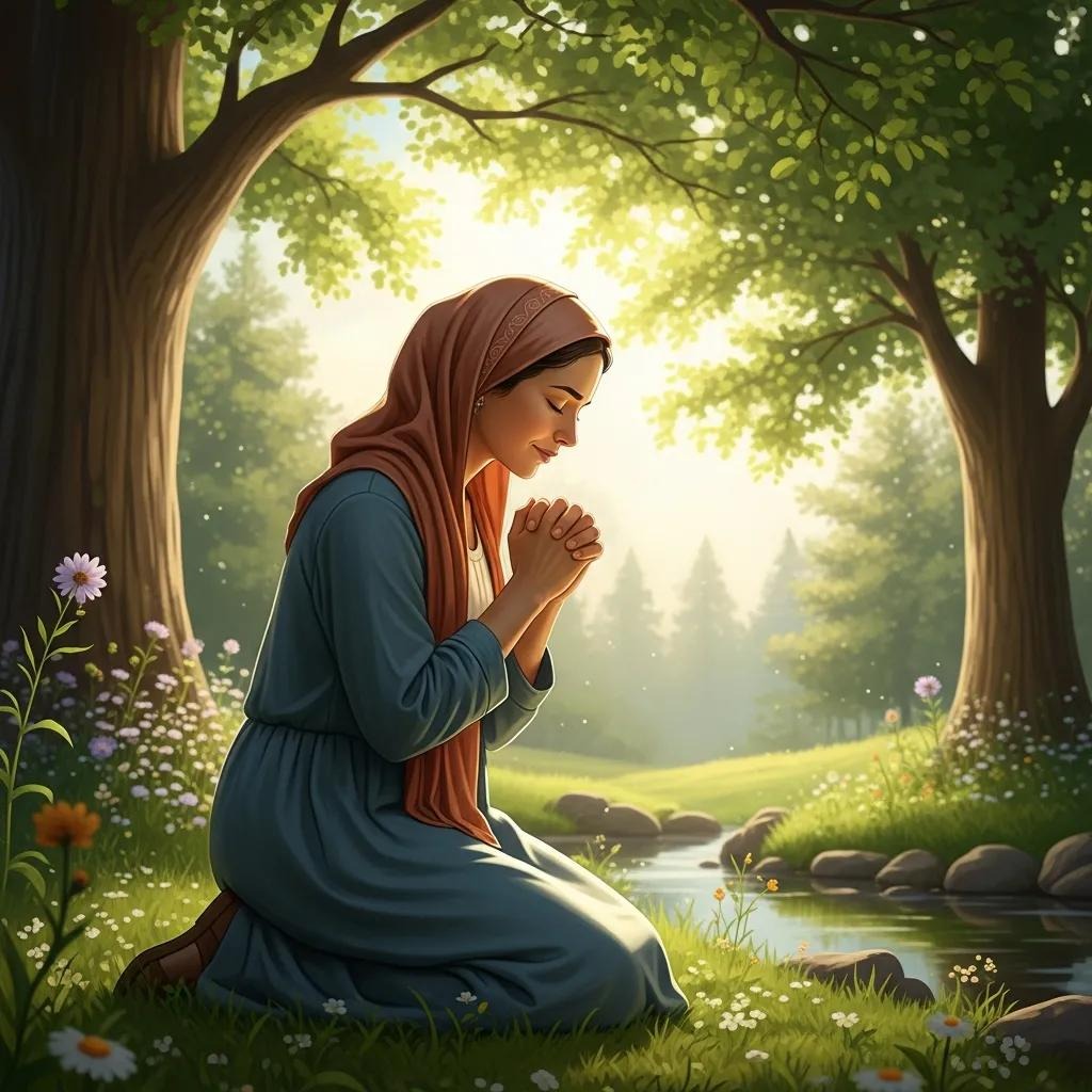 A woman in a headscarf kneels and prays beside a peaceful stream in a sunlit forest, surrounded by wildflowers and tall trees, with gentle sunlight filtering through the leaves.