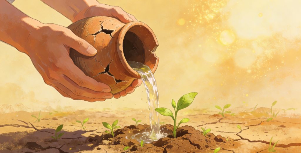 Two hands pour water from a cracked clay pot onto a small green seedling growing in dry, cracked soil, with sunlight illuminating the scene, symbolizing hope and growth in adversity.