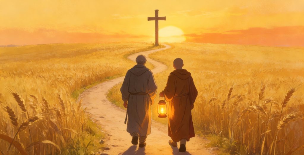 Two people in robes walk along a winding path through a golden wheat field at sunset, holding a lantern, heading toward a large cross silhouetted against the sun on the horizon.