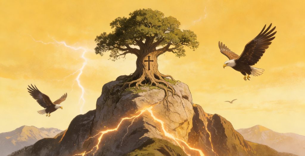 A large tree with a cross carved into its trunk stands atop a rocky, crackling mountain as two bald eagles soar nearby under a dramatic yellow sky with distant mountains and flashes of lightning.