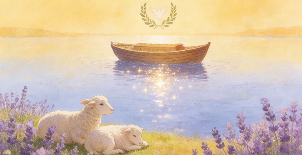 Two sheep rest among purple flowers near a calm lake. In the water, a wooden boat floats with golden sparkles around it. Above the boat, a dove and laurel wreath glow in the sky. The scene is peaceful and warm.