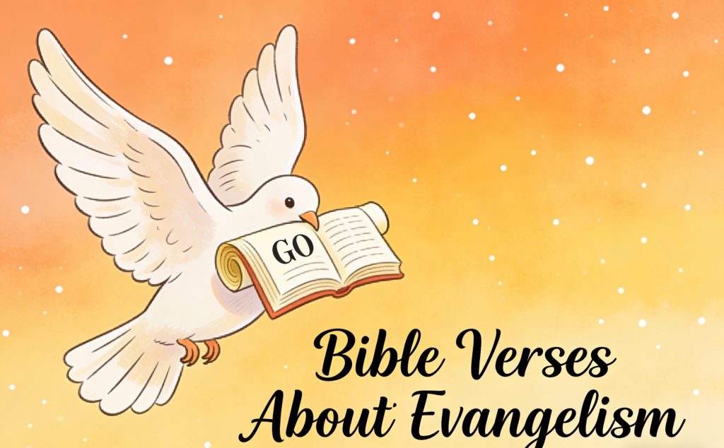 A white dove holding an open book with the word GO flies against an orange gradient background with white specks. Text reads: Bible Verses About Evangelism.