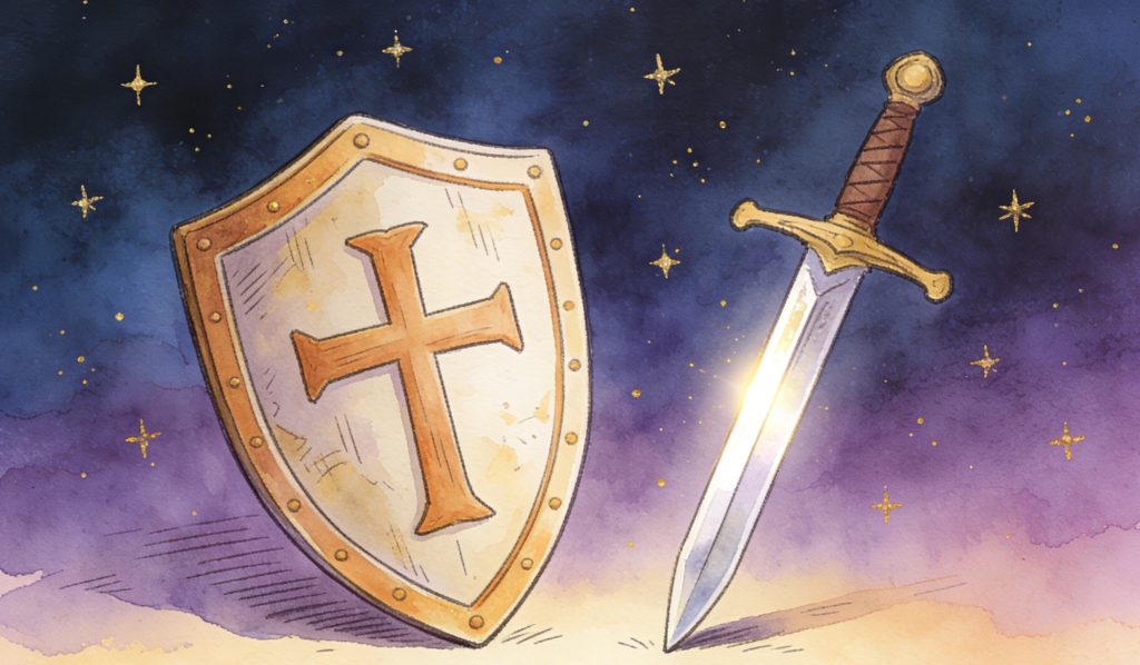 A golden sword and a shield with a cross are depicted against a starry night sky, with watercolor textures giving the scene a mystical and heroic atmosphere.