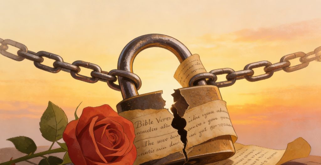 A cracked padlock wrapped in paper with writing, chained against a sunset sky. A red rose and scattered handwritten notes lie in front of the lock.