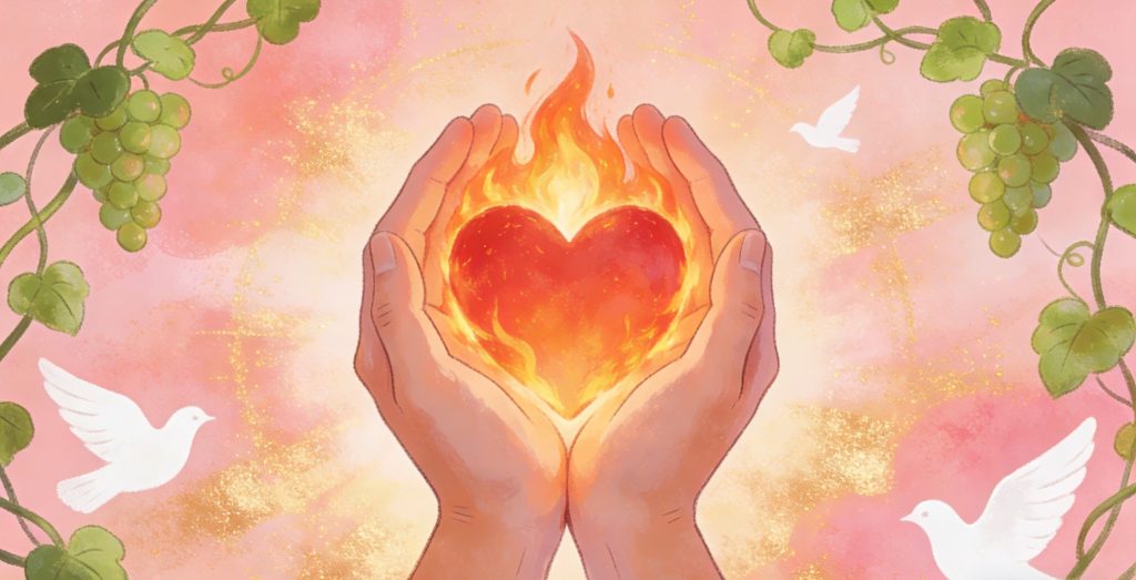 Two hands gently cup a fiery, glowing heart. White doves fly around, while green grapevines border the image on a pink, radiant background, symbolizing love, warmth, and peace.