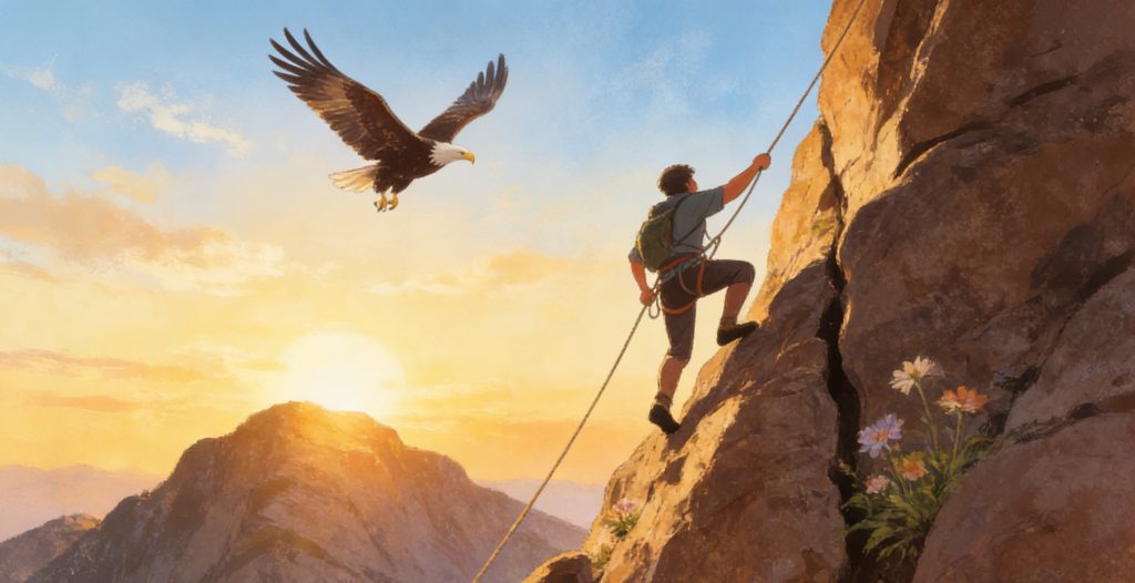A man climbs a rocky mountain at sunrise, secured by a rope. Wildflowers grow from a crack in the rock, and a bald eagle soars nearby with mountains in the background.