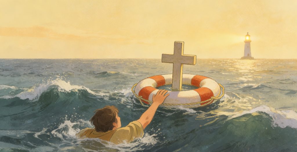 A person in rough sea water reaches toward a life preserver with a cross on it, as sunlight glows on the waves and a distant lighthouse stands on the horizon.