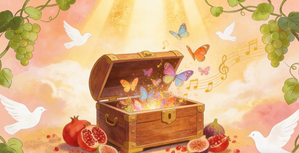 A wooden chest emits glowing light, butterflies, and musical notes as it opens. Doves fly nearby, surrounded by grapes, pomegranates, figs, and a warm, radiant sky.