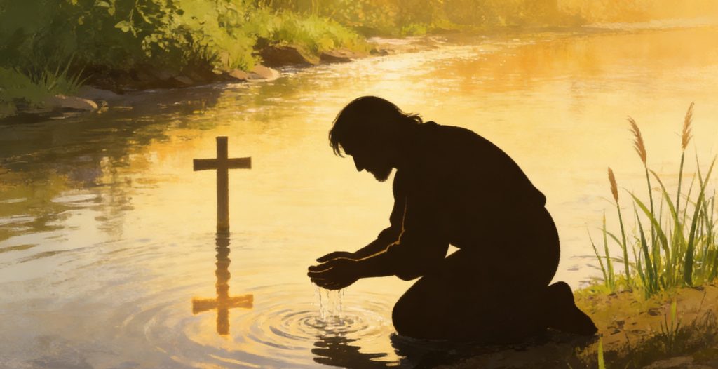 A person kneels by a riverbank at sunset, cupping water in their hands. A wooden cross stands in the water nearby, reflecting on the calm surface. The scene is peaceful and spiritual.