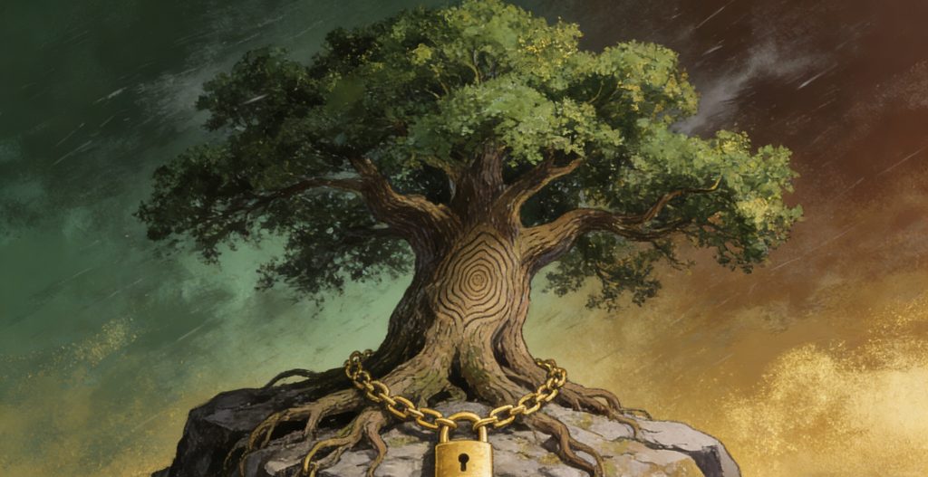 A large, leafy tree stands on a rocky cliff under a dramatic sky. Its trunk is wrapped with a thick golden chain and secured with a padlock at the front.