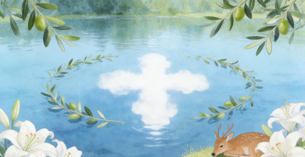A peaceful lakeside scene with a cross-shaped cloud reflected on the water, framed by olive branches, white lilies, and a resting deer in the foreground. Trees and greenery appear in the background.