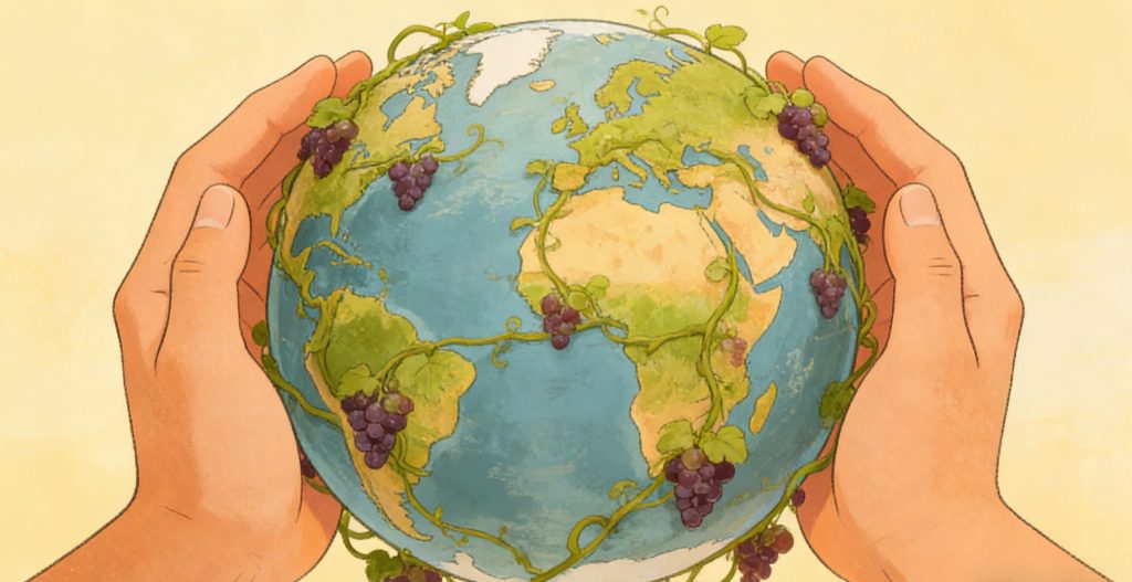 Two hands gently hold a globe wrapped in green vines with clusters of purple grapes, symbolizing the connection between nature, the earth, and cultivation.