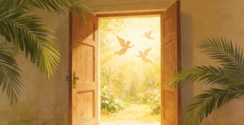 Sunlight streams through open double doors into a lush garden, with two silhouettes of angels flying in the golden light. Green palm leaves frame the doorway, creating a serene, welcoming atmosphere.