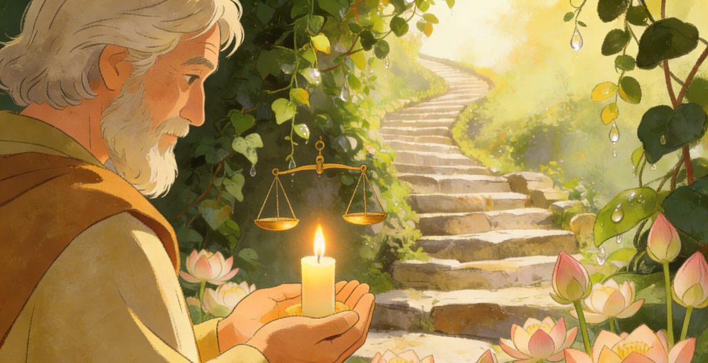 An elderly man holds a lit candle and a golden balance scale among blooming lotus flowers, with a sunlit stone path winding upward through lush greenery in the background.