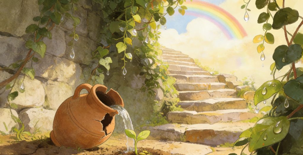 A cracked clay pot pours water onto a small plant beside stone steps. Green vines hang above, droplets fall, and a rainbow arches across a bright, partly cloudy sky.
