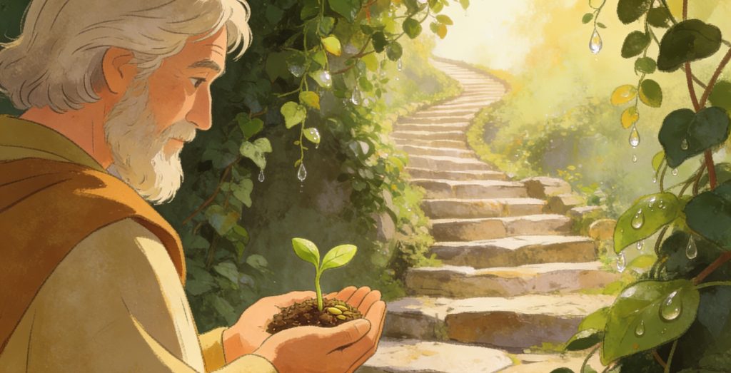 An elderly man with white hair and a beard holds a small sprouting plant in his hands. Sunlight filters through green leaves and vines as a stone path winds upward in the background. Dewdrops hang from the leaves.