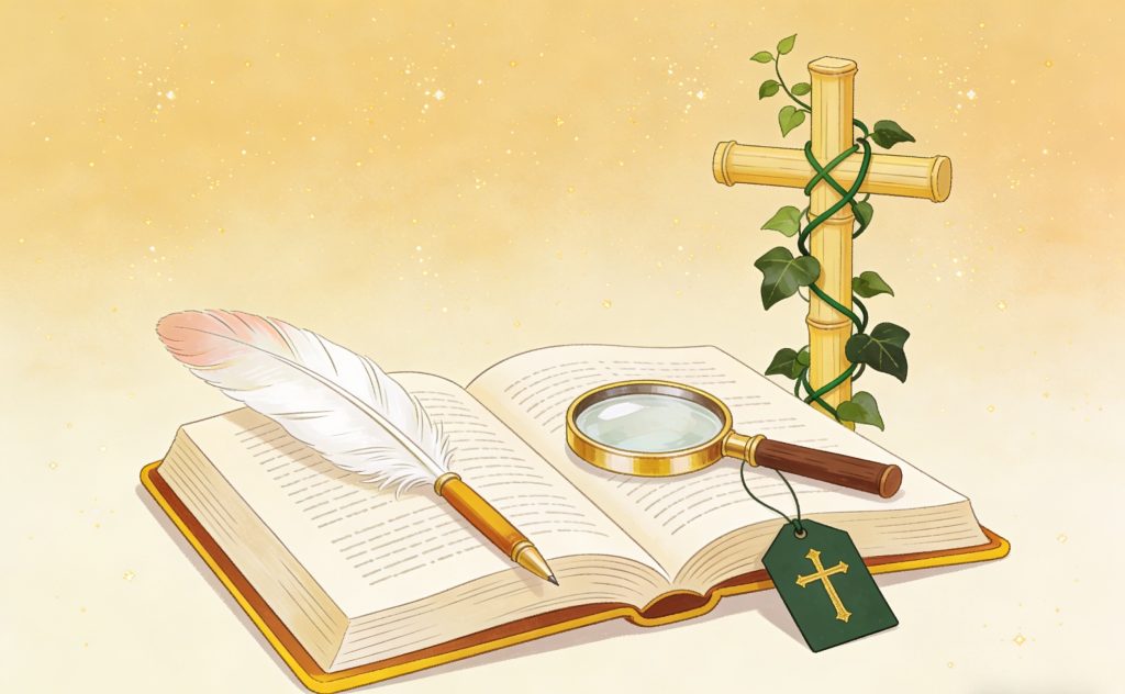 An open Bible with a feather quill, a magnifying glass, and a bookmark with a cross charm placed on its pages. A wooden cross wrapped with ivy stands in the background against a soft golden backdrop.