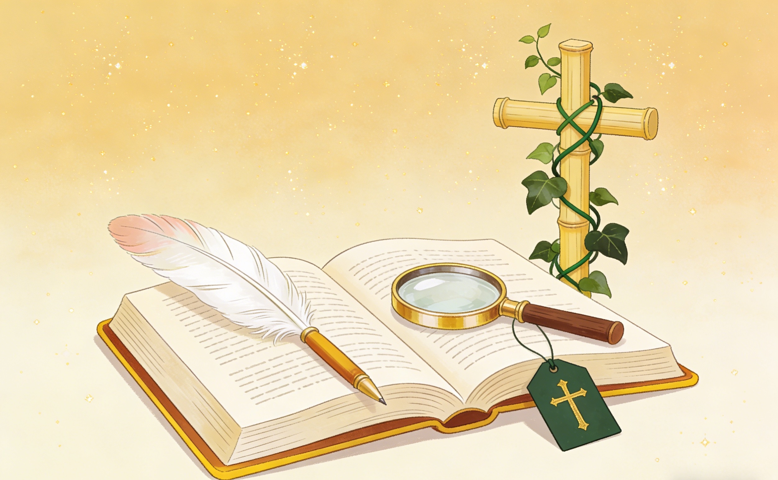 An open Bible with a feather quill, a magnifying glass, and a bookmark with a cross charm placed on its pages. A wooden cross wrapped with ivy stands in the background against a soft golden backdrop.