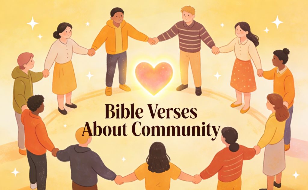 A diverse group of people holding hands in a circle around a glowing heart, with the text Bible Verses About Community in the center. The background is warm and golden, evoking a sense of togetherness.