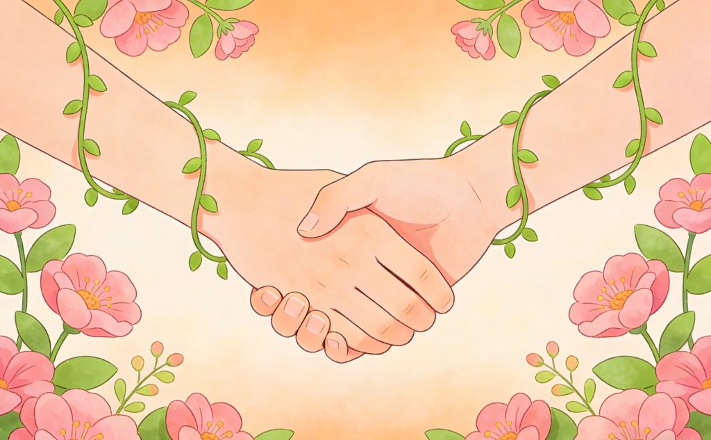 Two hands shaking, wrapped in green vines, surrounded by pink flowers and green leaves on a warm, softly colored background.