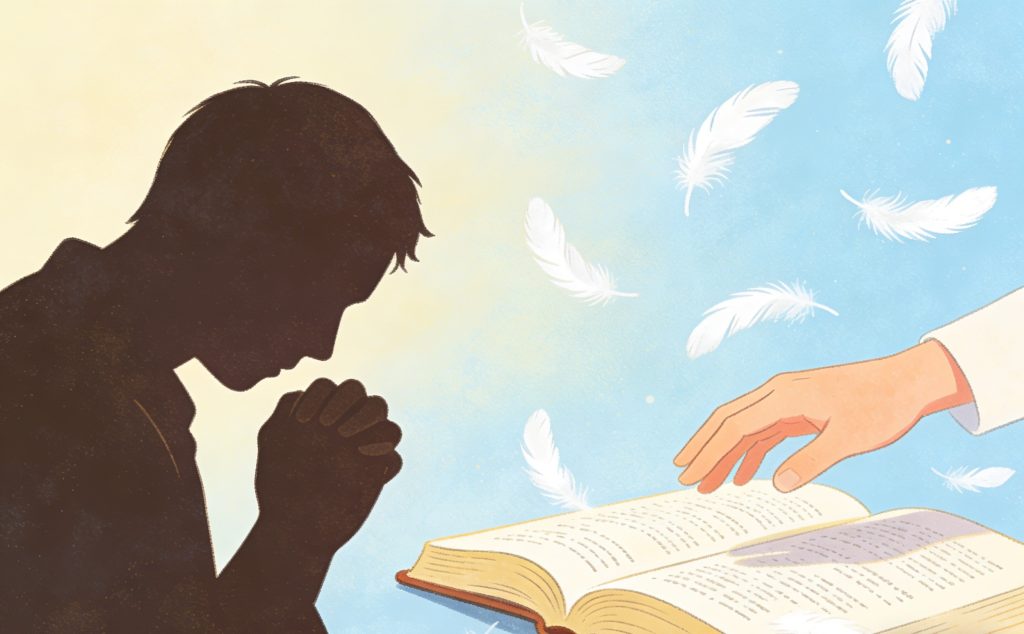 A silhouette of a person praying with clasped hands faces an open book, as white feathers float in the air and a hand reaches out toward the book against a soft pastel background.