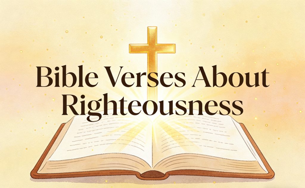 An illustration of an open Bible with glowing pages and a golden cross shining behind it, with the text Bible Verses About Righteousness in bold letters over the image.