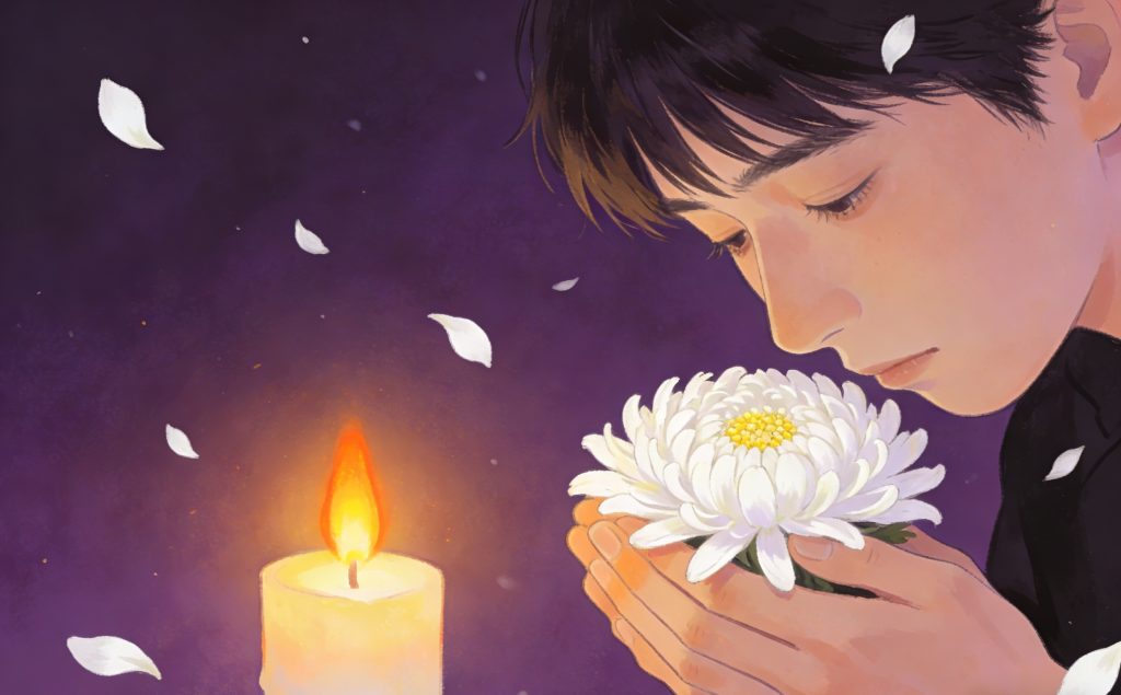 A young person holds a white chrysanthemum close, eyes closed, beside a lit candle. White petals float in the air against a dark purple background, evoking a calm and reflective mood.