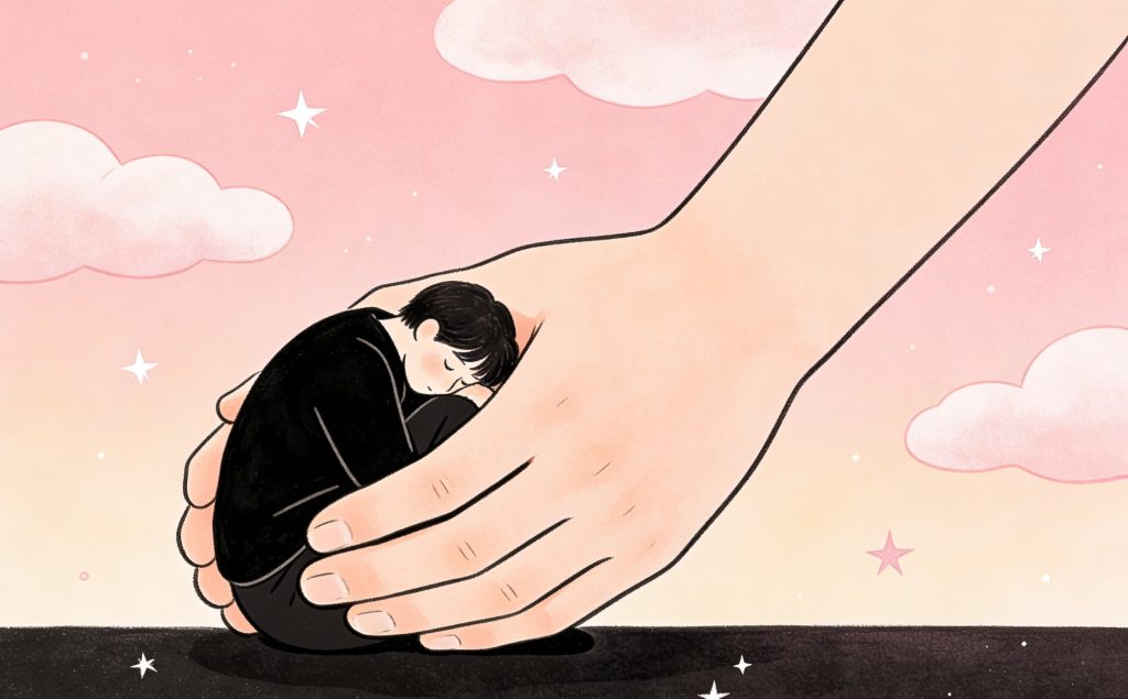 Illustration of a person curled up on the ground, being gently held and comforted by a large hand against a pink sky with clouds and stars.