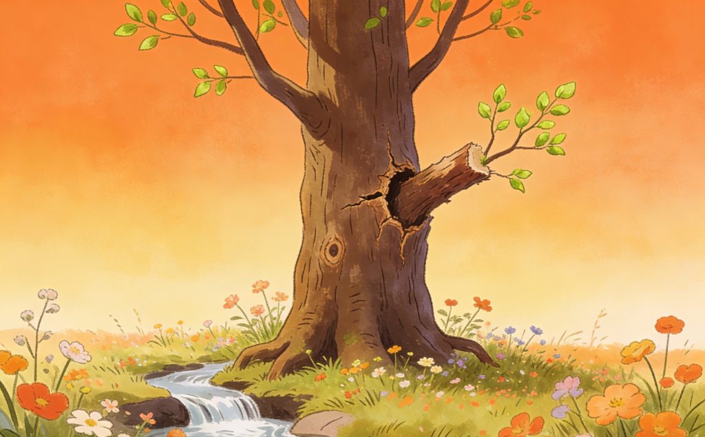 A large tree with a broken branch stands in a field of colorful wildflowers next to a small stream, against a warm orange sky. Some new leaves are sprouting from the trees trunk and branch.