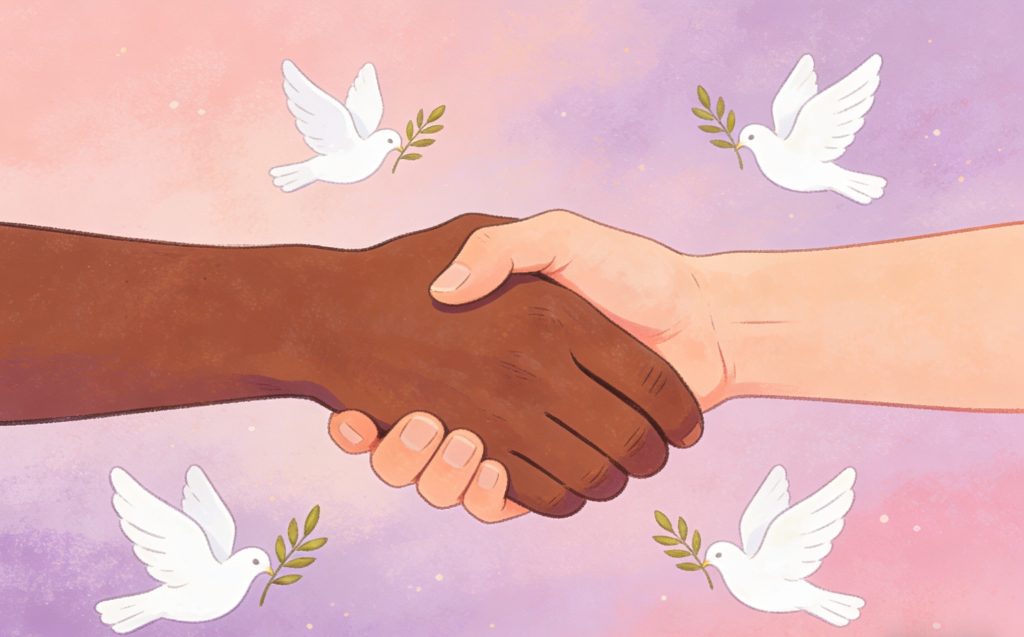 Two hands, one dark-skinned and one light-skinned, shake in unity against a pastel background with four white doves holding olive branches, symbolizing peace and harmony.