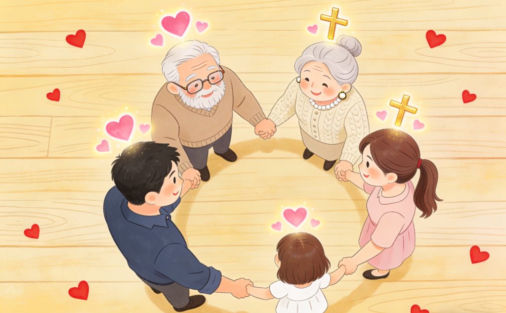 An illustrated family of five—two grandparents, two parents, and a young child—stand in a circle holding hands, surrounded by pink hearts and golden crosses, symbolizing love and faith.