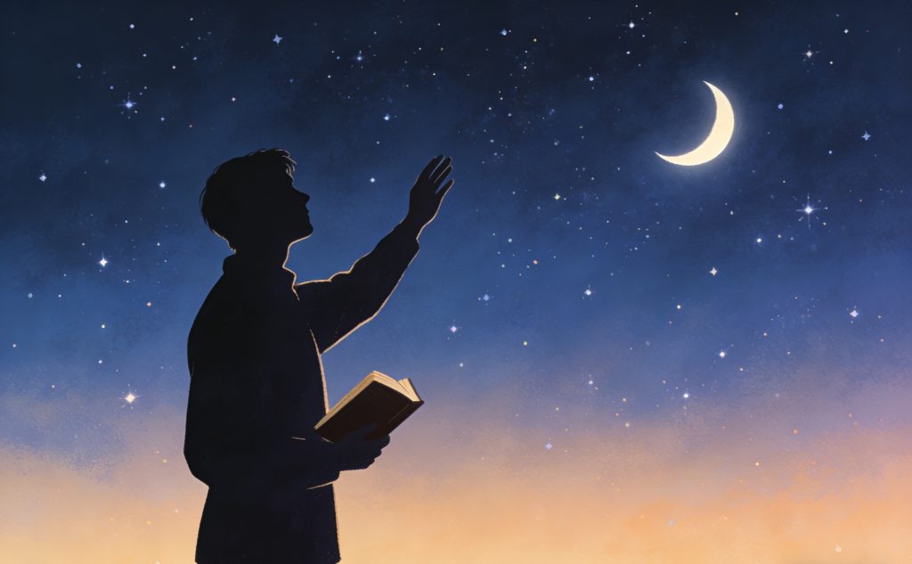 A silhouette of a person holding an open book reaches toward a crescent moon in a starry night sky, with a soft gradient from twilight to deep blue in the background.