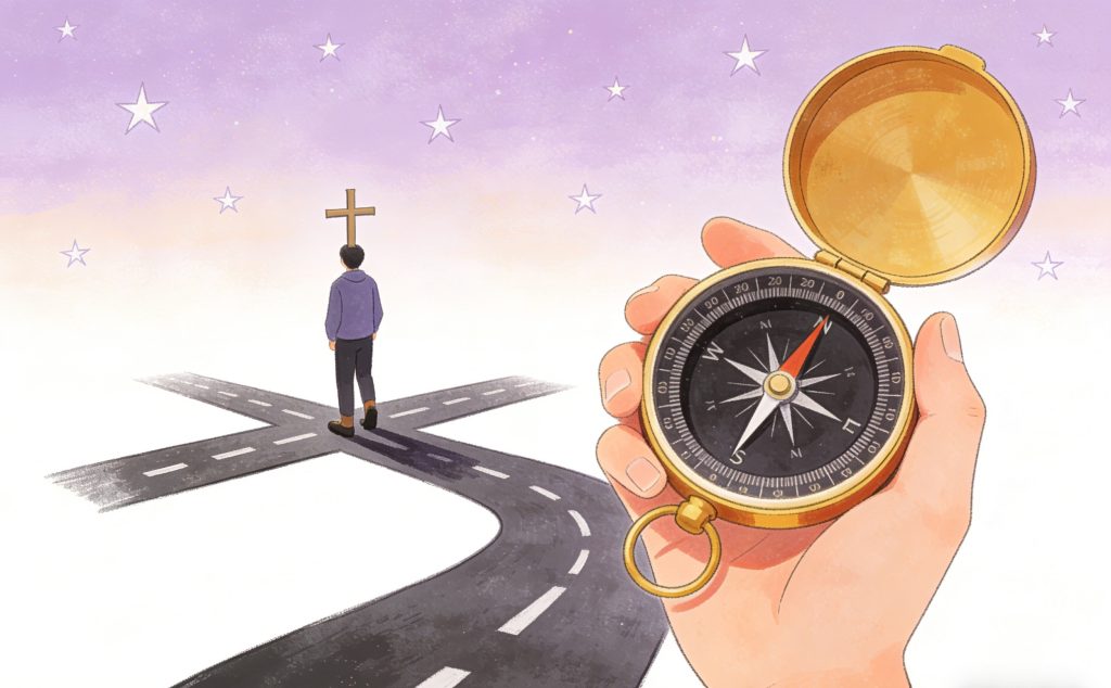 A person stands at a crossroads, walking toward a cross in the distance. In the foreground, a hand holds a compass. The sky is purple with stars scattered above the scene.