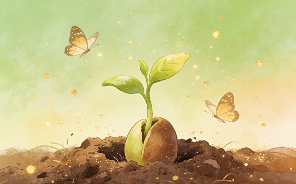 A young green plant sprouting from a seed in soil, with two butterflies fluttering nearby. The background is a soft green and yellow gradient with glowing sparkles, creating a warm, uplifting atmosphere.