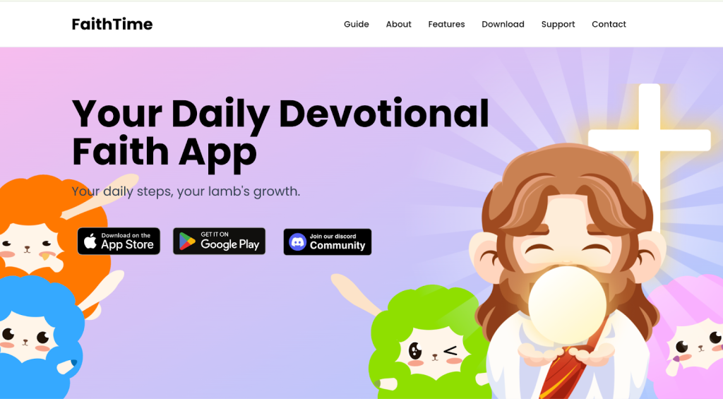 A colorful website banner for FaithTime features cartoon lambs and a character resembling Jesus holding a host, with a glowing cross in the background. App store and community download badges are visible.