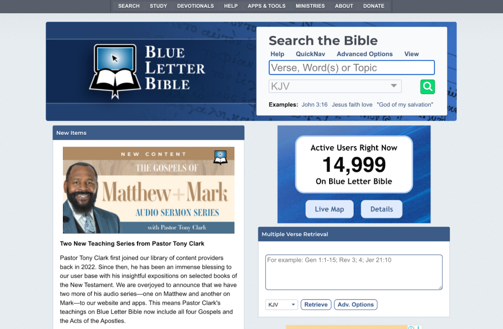 Screenshot of the Blue Letter Bible website homepage showing a Bible search bar, an announcement for new sermon audio series, and a real-time user counter displaying 14,999 On Blue Letter Bible.