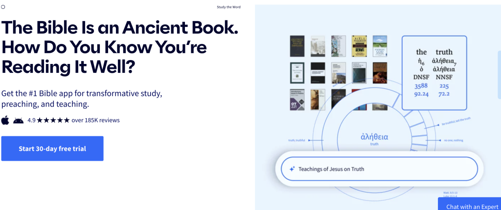 Screenshot of a Bible study app website. Left: Bold text reads, The Bible Is an Ancient Book. How Do You Know You’re Reading It Well?” with a blue button for a 30-day free trial. Right: Visuals of Bible study features and word study tool.