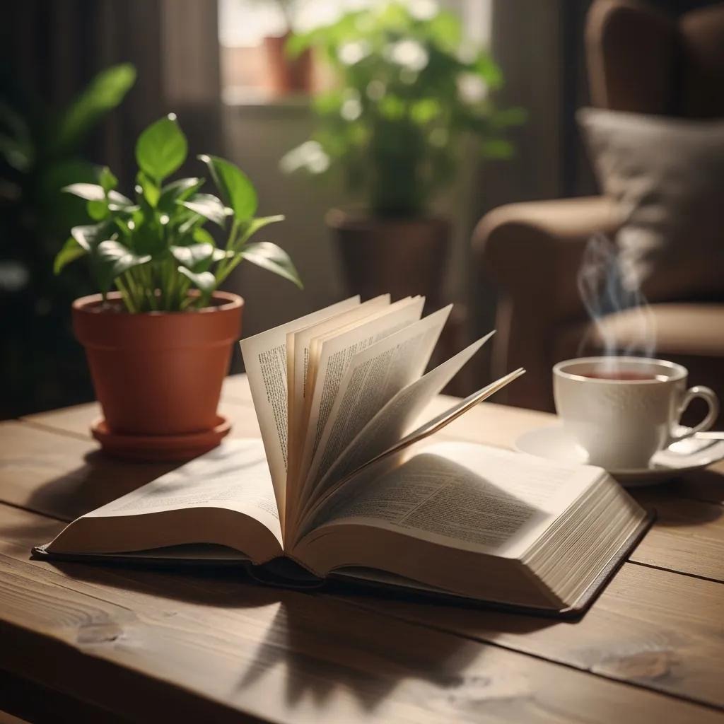 An open book with pages flipping sits on a wooden table next to a potted plant and a steaming cup of coffee, with cozy furniture and soft sunlight in the background.