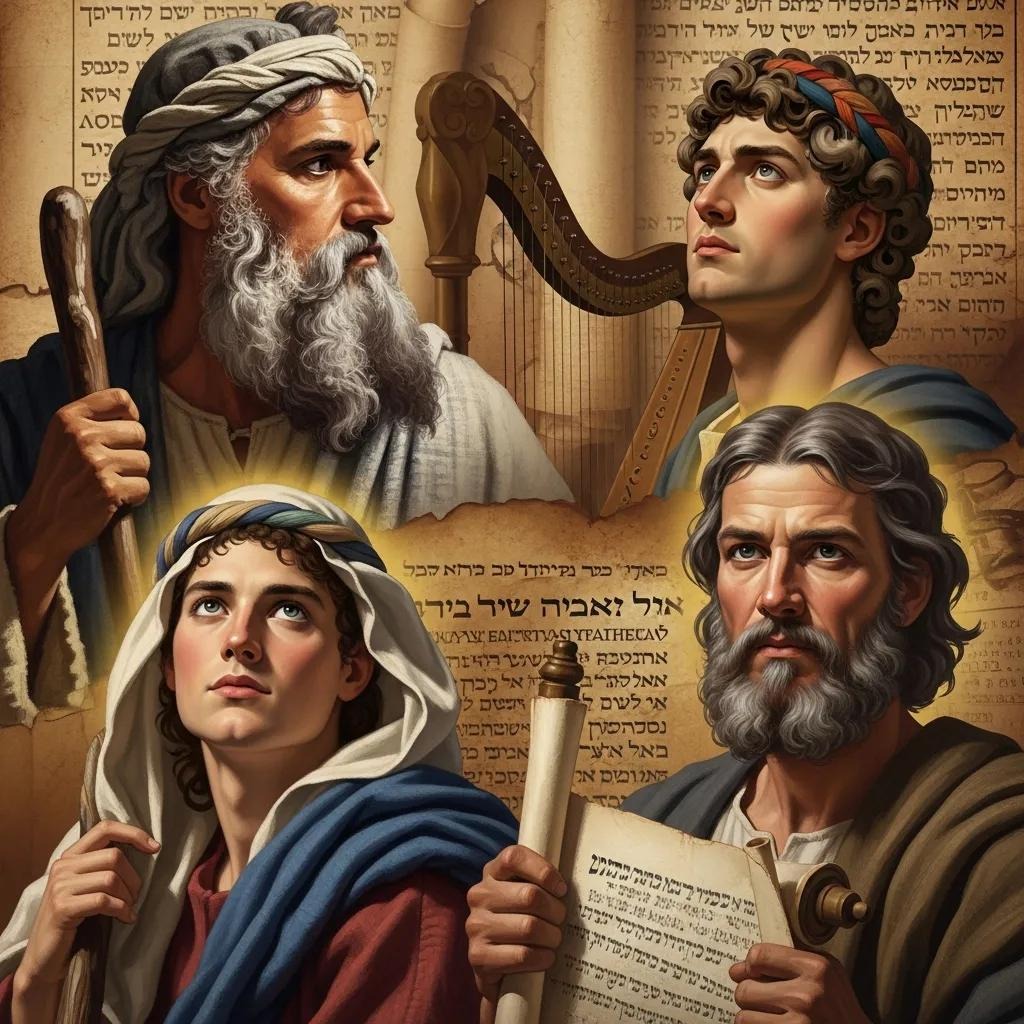 Four men in ancient robes pose before Hebrew-inscribed scrolls and stone tablets. One holds a staff, another a harp, and another a scroll, evoking a biblical or historical scene with dramatic lighting and expressive faces.