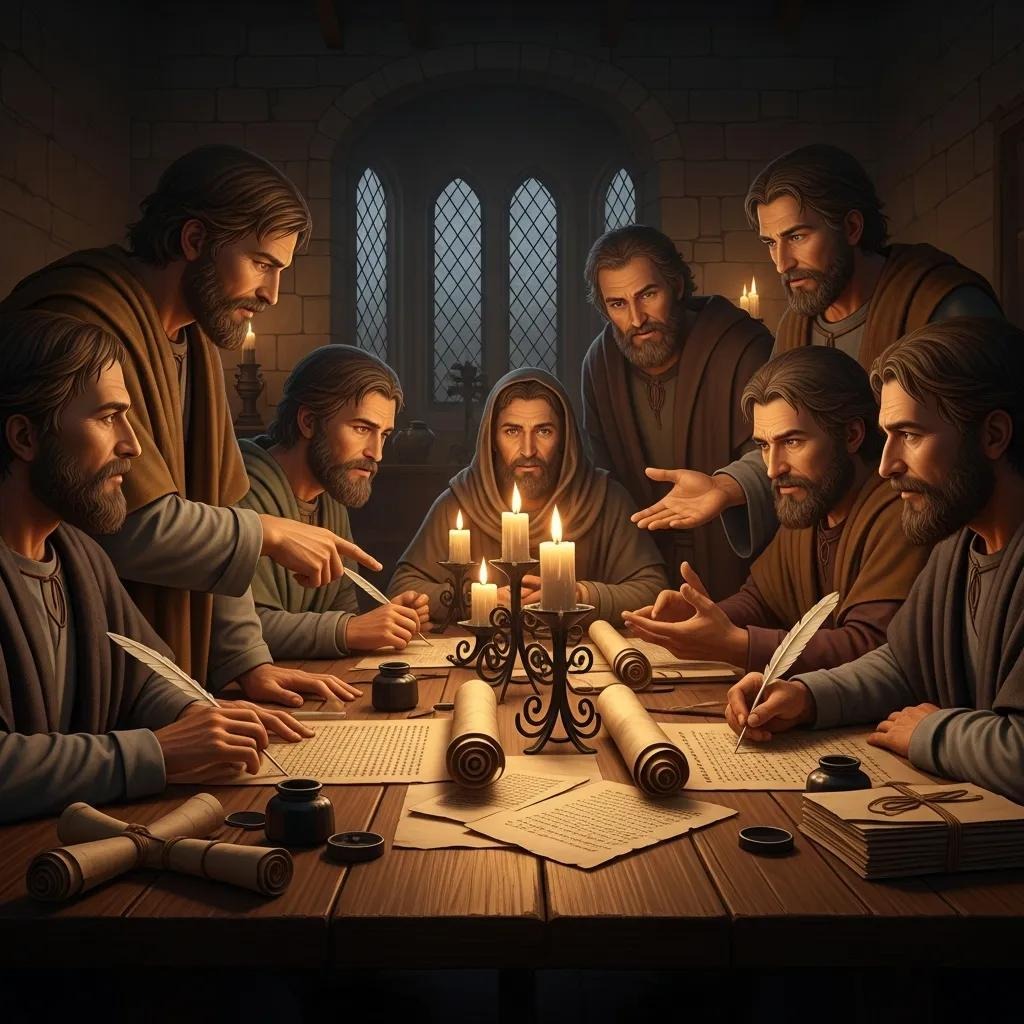 Seven men in medieval robes sit around a wooden table, discussing and writing on scrolls by candlelight in a stone room with arched windows. Quills, inkpots, and scrolls are spread across the table.