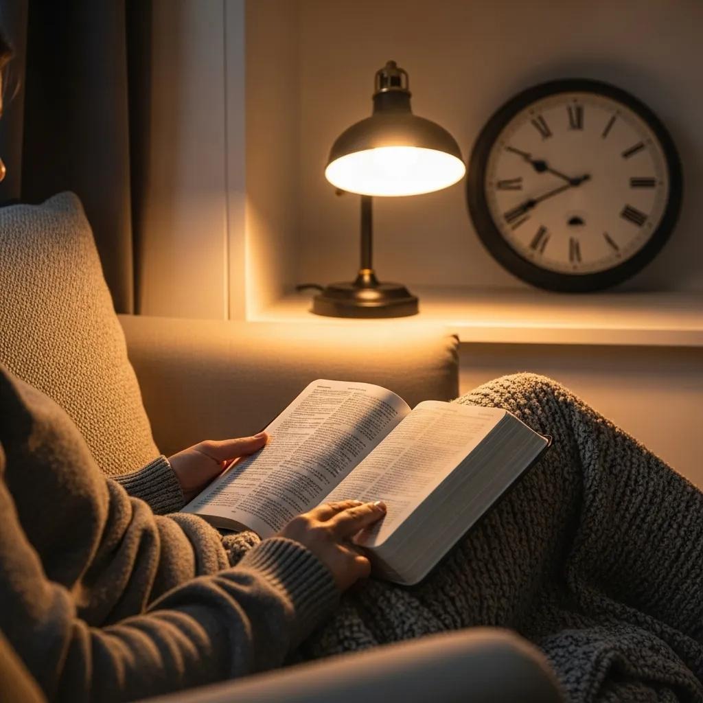 A person sitting on a cozy chair, wrapped in a blanket, reading a book under a warm lamp light. A wall clock showing 9:05 is visible in the background on a shelf beside the lamp.