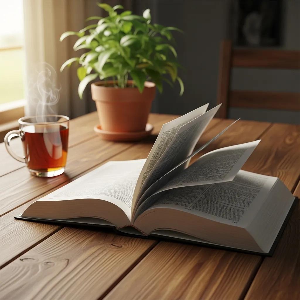 An open book with pages turning sits on a wooden table next to a steaming cup of tea and a potted plant, with soft natural light coming through a nearby window.