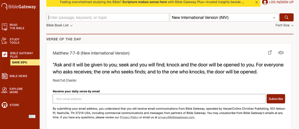 Screenshot of the BibleGateway website showing the verse of the day, Matthew 7:7-8 (NIV), with a search bar, navigation menu on the left, and a yellow banner about Bible Gateway Plus at the top.