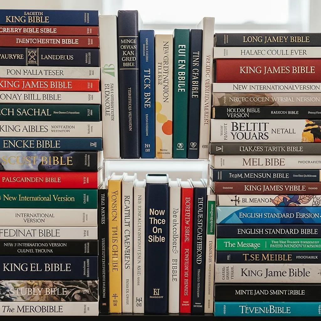Stacks of various Bible editions and translations, including King James, New International Version, and others, are arranged neatly on shelves, with colorful spines and different font styles visible.
