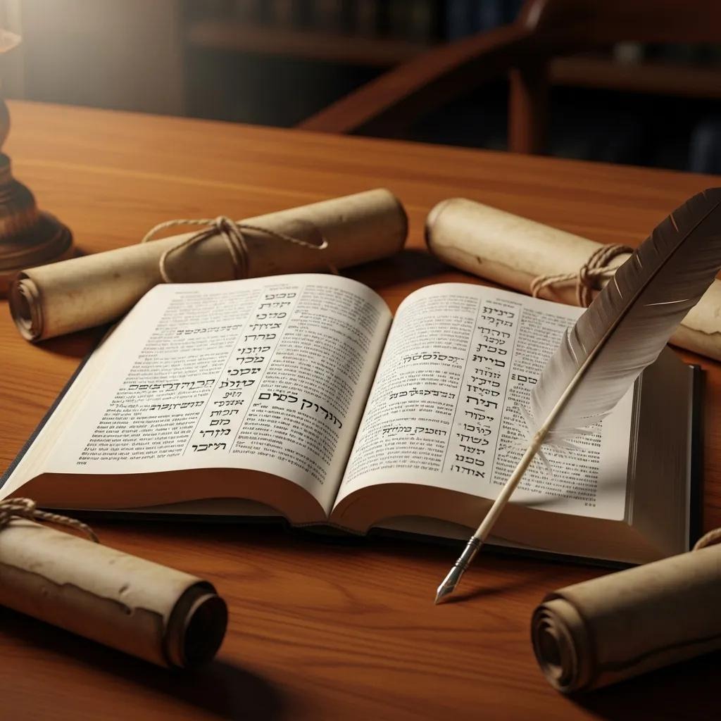 An open Hebrew book sits on a wooden table surrounded by rolled parchment scrolls and a quill pen, with warm light illuminating the scene, evoking a scholarly or historical atmosphere.