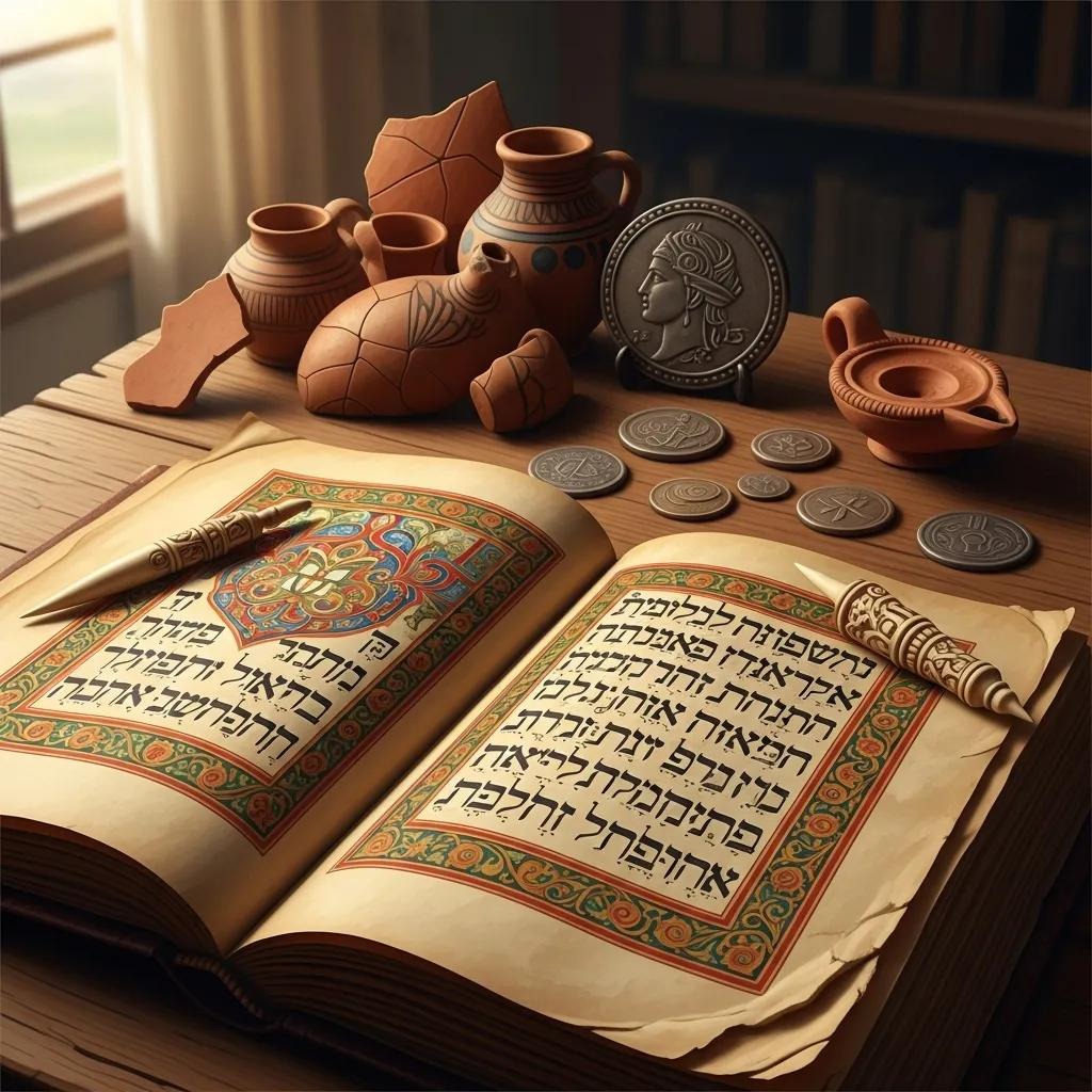 An ornate book with Hebrew text is open on a wooden table, surrounded by ancient pottery, coins, and a decorated pen, with shelves of books in the softly lit background.