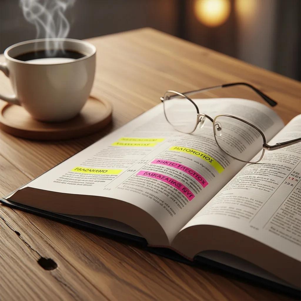 An open book with highlighted text and reading glasses rests on a wooden table beside a steaming cup of coffee on a coaster, with soft warm lighting in the background.