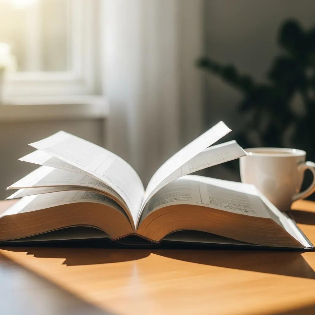 An open book with pages flipping lies on a wooden table next to a white coffee cup, bathed in warm natural sunlight coming through a nearby window.