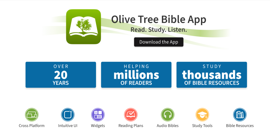Olive Tree Bible App promotional image with icons for features like cross-platform support, reading plans, and study tools, highlighting 20 years of service, millions of readers, and thousands of Bible resources.